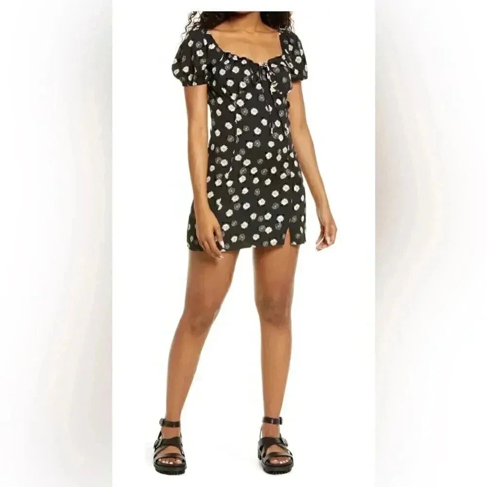 Nordstrom BP Ditsy Floral Lined Tie Front Minidress Black Daisy SZ XS